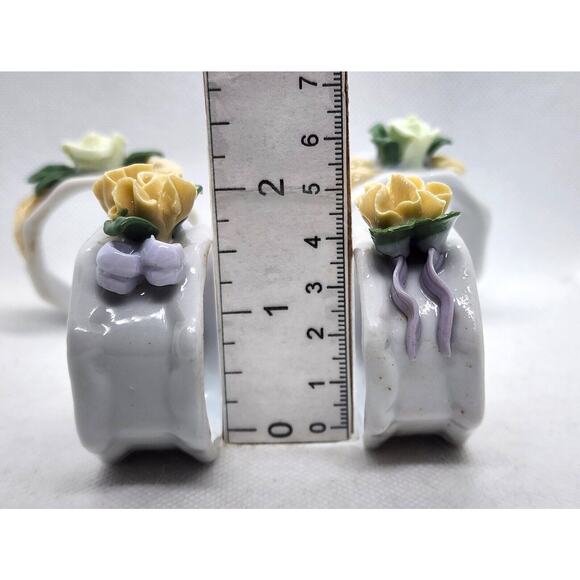 NAPKIN RINGS-Porcelain-3D Flowers-Yellow-Green-Set of 4 - Picture 15 of 16